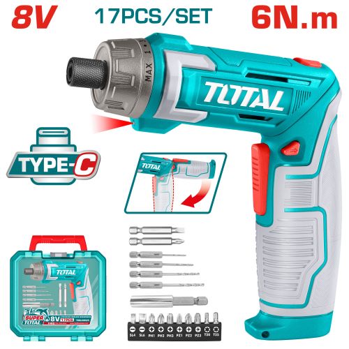 [Total] Total TSDLI08025 مفك شحن 8 فولت مع 17 قطعة + شنطة