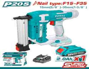 [Total] Total TCBNLI3508
 فرد مسامير شحن 20 فولت مع بطارية وشاحن
Nail type: F15~F35
