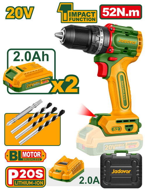 Jadever JDCDP5281 درل شحن 20 فولت جوزة 13 ملم مع 2 بطارية وشاحن
