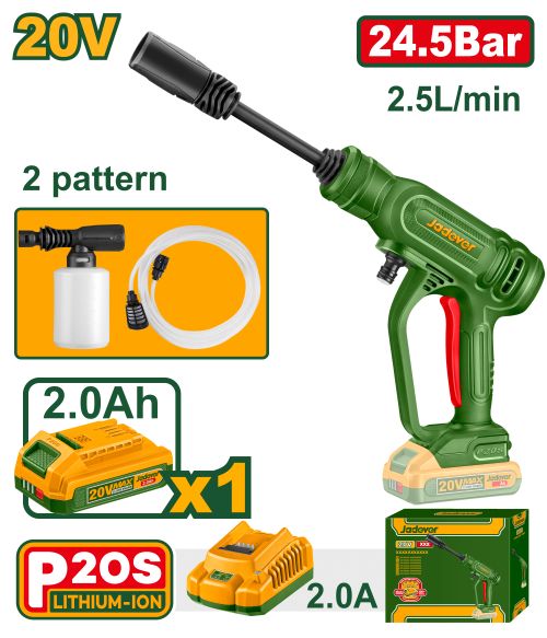 Jadever JDQX01203 فرد غسيل شحن 20 فولت 24.5 بار مع بطارية 2 أمبير وشاحن
